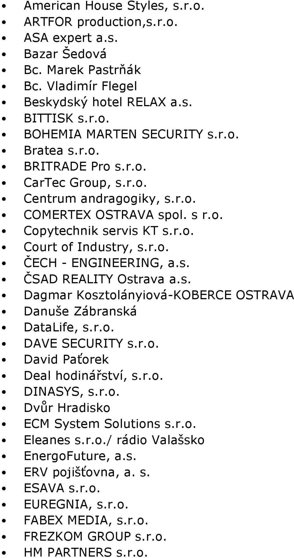 s. ČSAD REALITY Ostrava a.s. Dagmar Kosztolányiová-KOBERCE OSTRAVA Danuše Zábranská DataLife, s.r.o. DAVE SECURITY s.r.o. David Paťorek Deal hodinářství, s.r.o. DINASYS, s.r.o. Dvůr Hradisko ECM System Solutions s.