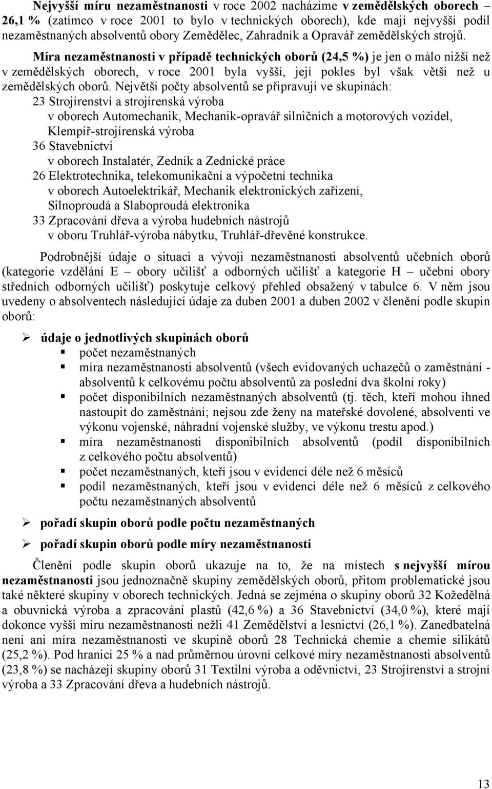 Míra nezaměstnanosti v případě technických oborů (24,5 %) je jen o málo nižší než v zemědělských oborech, v roce 2001 byla vyšší, její pokles byl však větší než u zemědělských oborů.