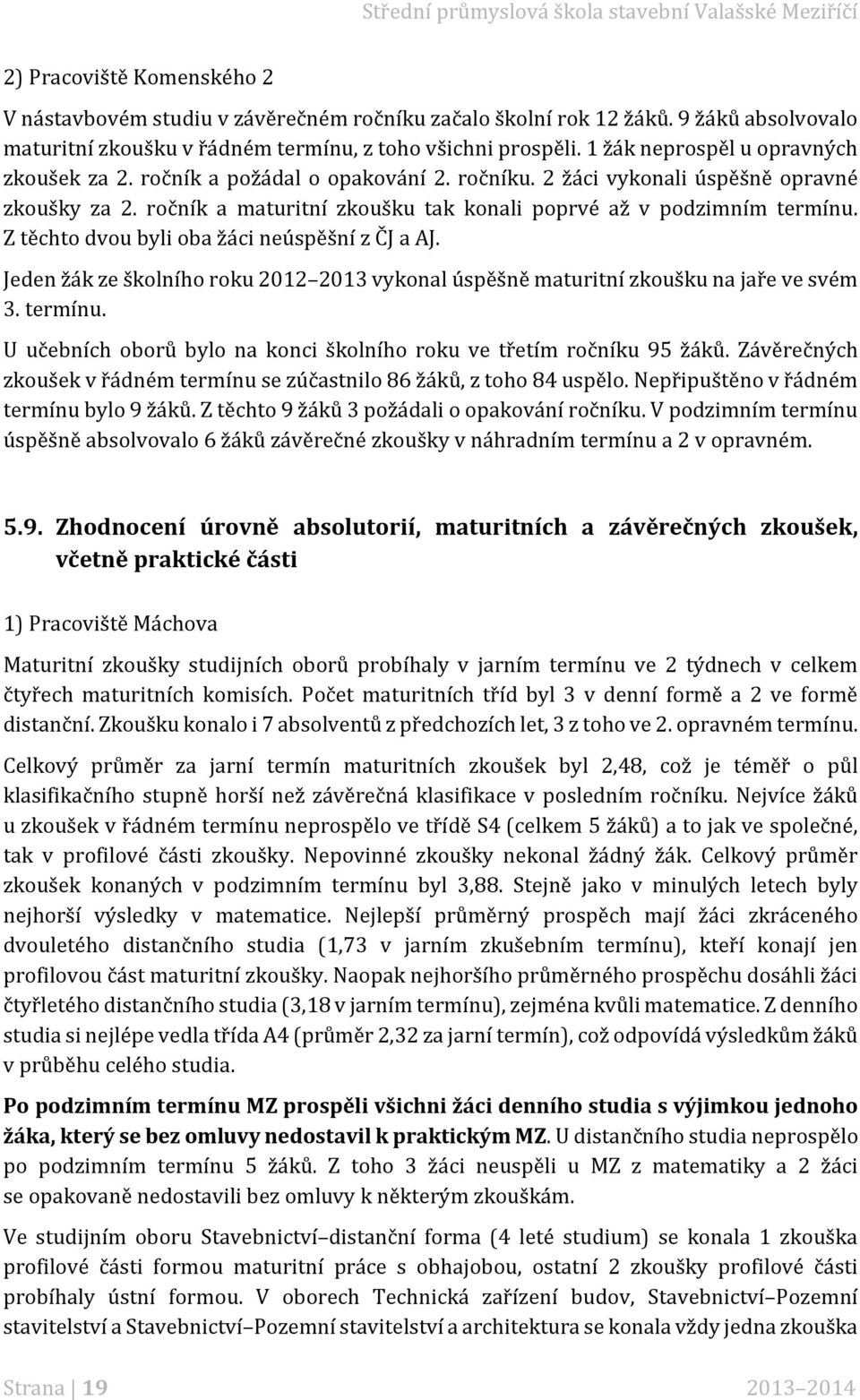 Z těchto dvou byli oba žáci neúspěšní z ČJ a AJ. Jeden žák ze školního roku 2012 2013 vykonal úspěšně maturitní zkoušku na jaře ve svém 3. termínu.