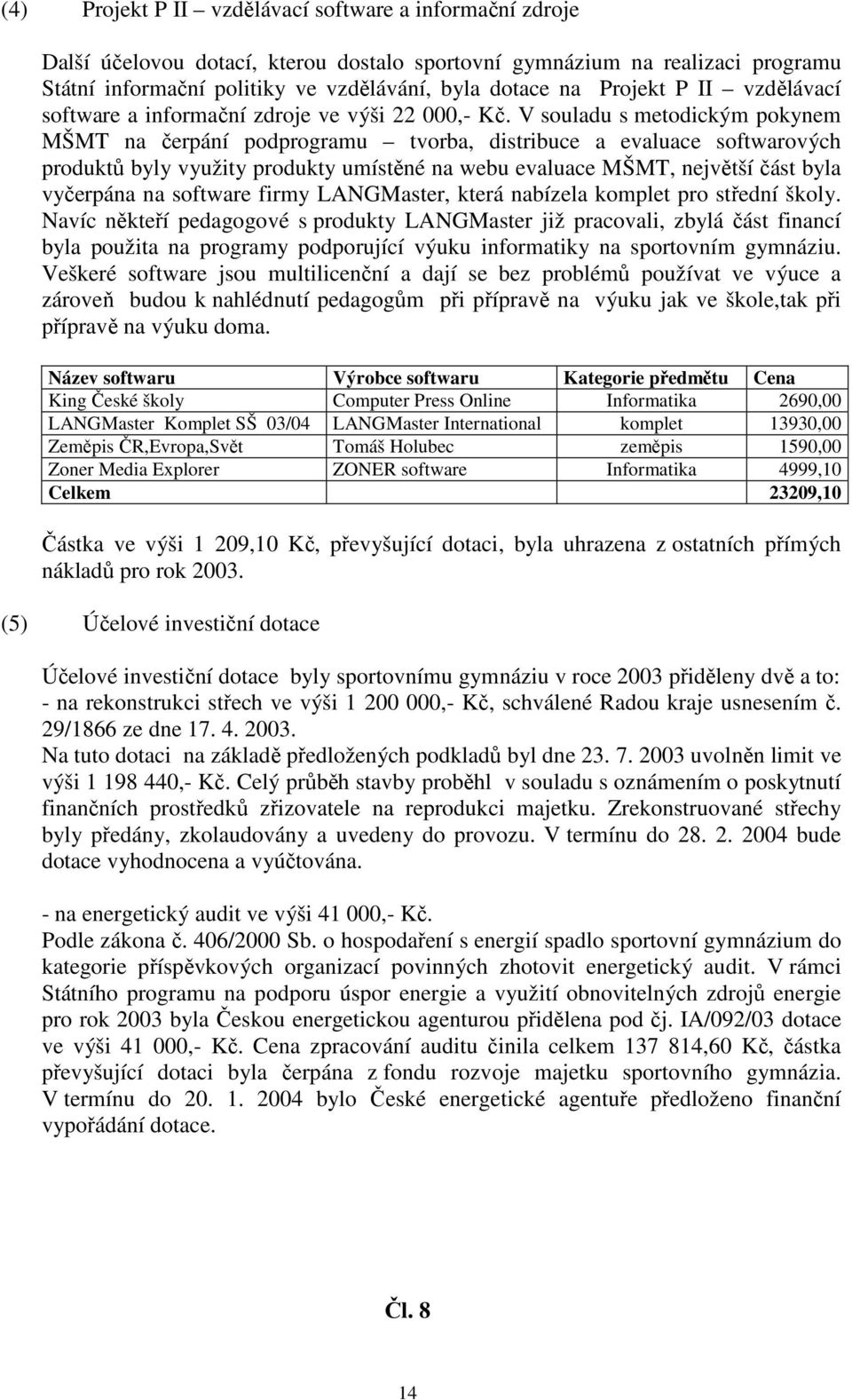 V souladu s metodickým pokynem MŠMT na čerpání podprogramu tvorba, distribuce a evaluace softwarových produktů byly využity produkty umístěné na webu evaluace MŠMT, největší část byla vyčerpána na