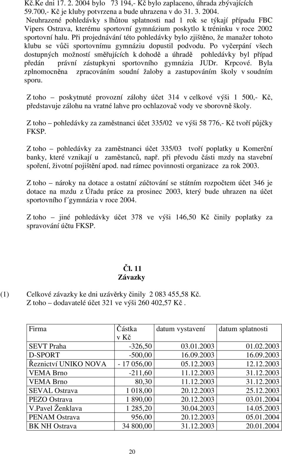 Po vyčerpání všech dostupných možností směřujících k dohodě a úhradě pohledávky byl případ předán právní zástupkyni sportovního gymnázia JUDr. Krpcové.