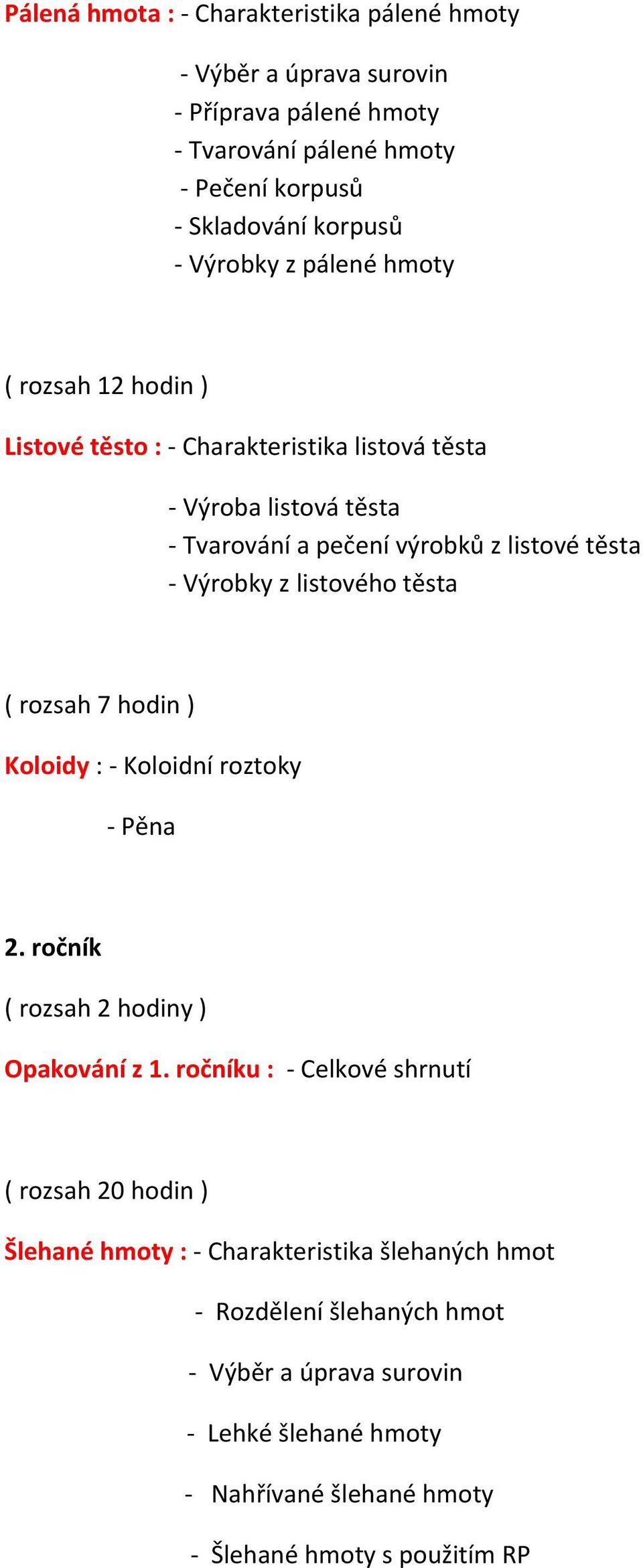 listového těsta ( rozsah 7 hodin ) Koloidy : - Koloidní roztoky - Pěna 2. ročník ( rozsah 2 hodiny ) Opakování z 1.