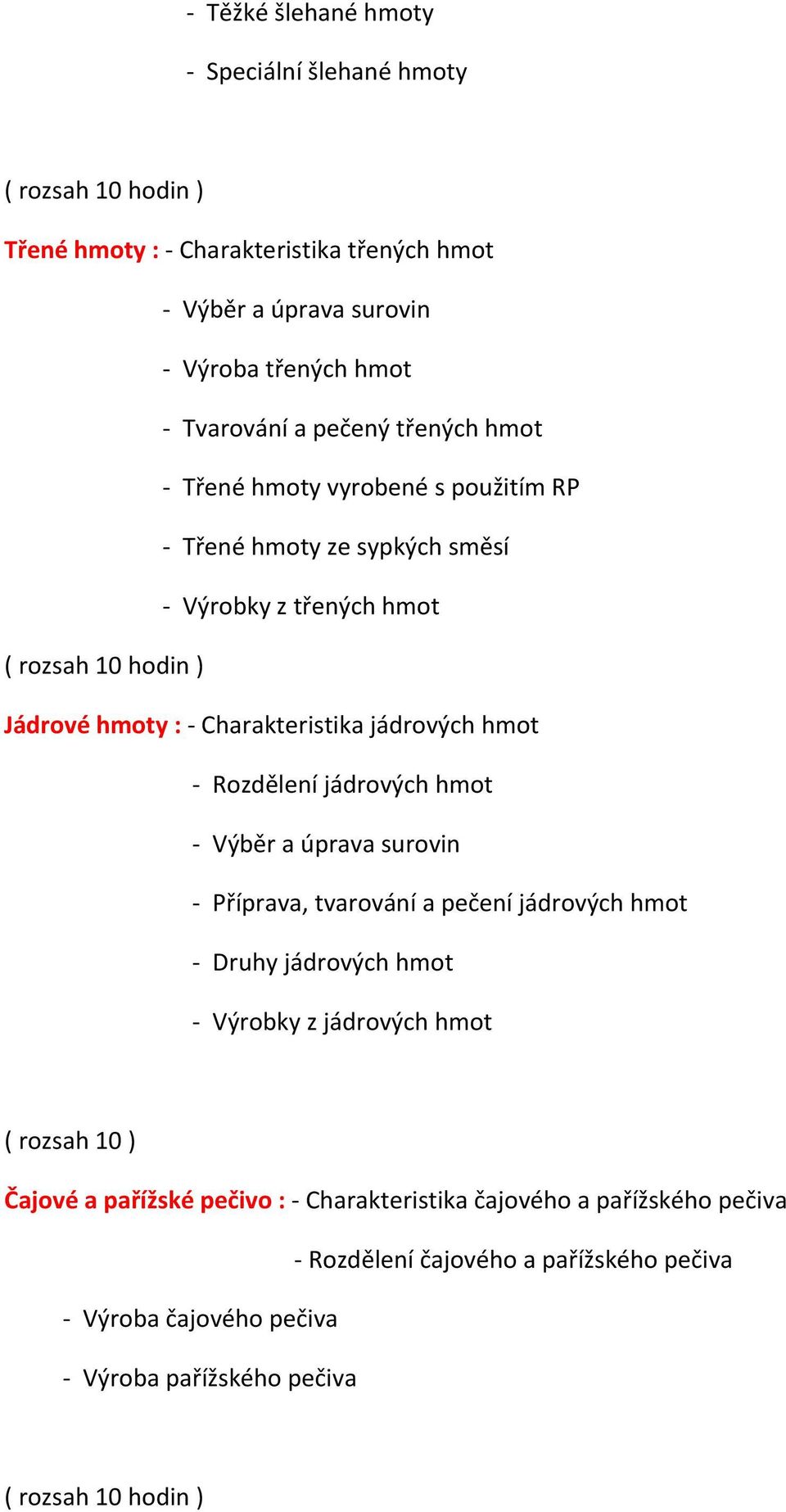 hmot - Rozdělení jádrových hmot - Příprava, tvarování a pečení jádrových hmot - Druhy jádrových hmot - Výrobky z jádrových hmot ( rozsah 10 ) Čajové a pařížské