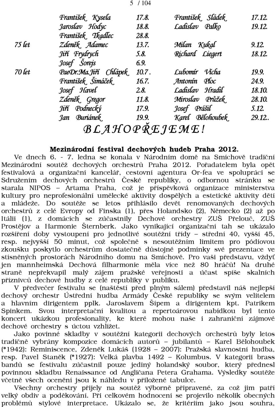 10. Jiří Podnecký 17.9. Josef Prášil 5.12. Jan Buriánek 19.9. Karel Bělohoubek 29.12.. B L A H O P Ř E J E M E! Mezinárodní festival dechových hudeb Praha 2012. Ve dnech 6. - 7.