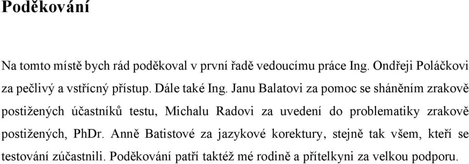 Janu Balatovi za pomoc se sháněním zrakově postižených účastníků testu, Michalu Radovi za uvedení do