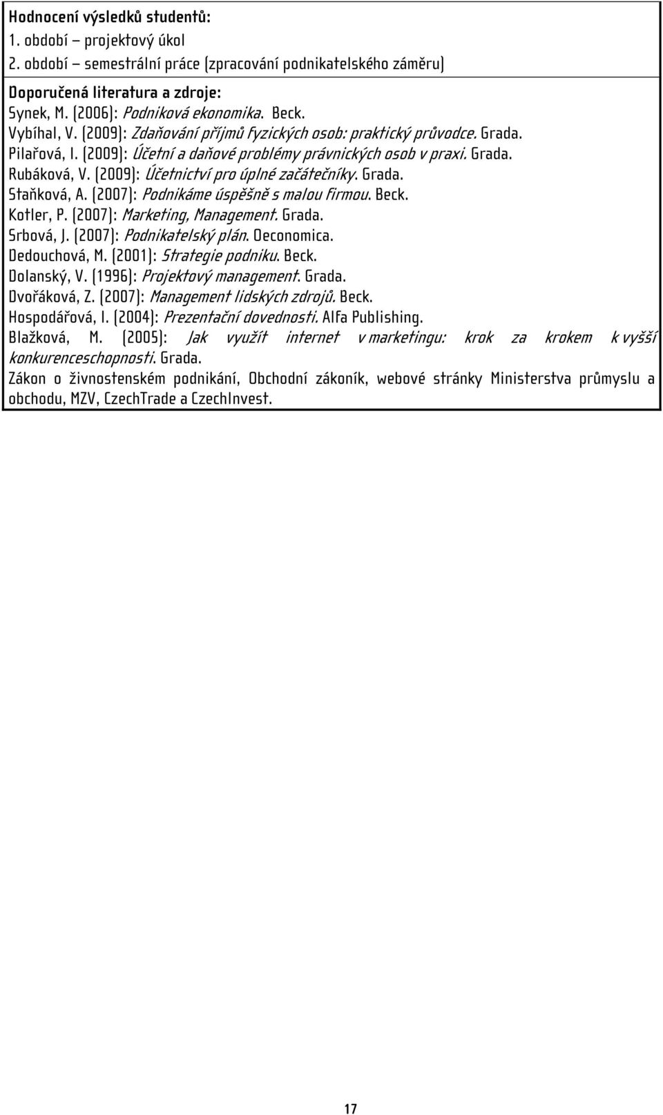 (2009): Účetnictví pro úplné začátečníky. Grada. Staňková, A. (2007): Podnikáme úspěšně s malou firmou. Beck. Kotler, P. (2007): Marketing, Management. Grada. Srbová, J. (2007): Podnikatelský plán.