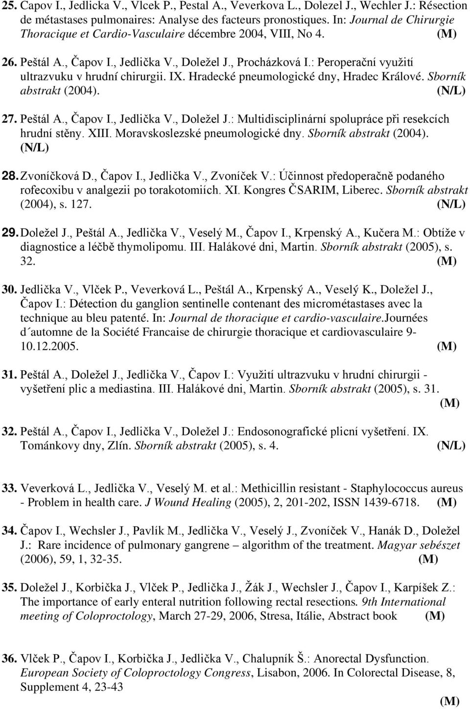 IX. Hradecké pneumologické dny, Hradec Králové. Sborník abstrakt (2004). 27. Peštál A., Čapov I., Jedlička V., Doležel J.: Multidisciplinární spolupráce při resekcích hrudní stěny. XIII.