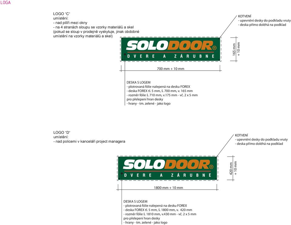 LOGA LOGO D - 1 x - na policemi v kanceláři project managera DESKA S LOGEM - plotrovaná fólie nalepená na desku FOREX - deska FOREX tl. 5 mm, š. 700 mm, v. 165 mm - rozměr fólie š. 710 mm, v.