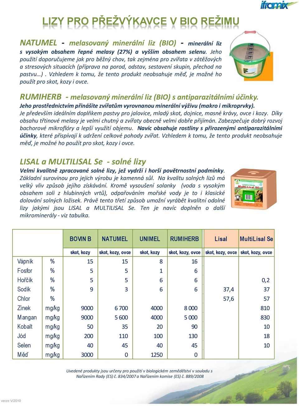 Vzhledem k tomu, že tento produkt neobsahuje měď, je možné ho použít pro skot, kozy i ovce. RUMIHERB - melasovaný minerální liz (BIO) s antiparazitálními účinky.