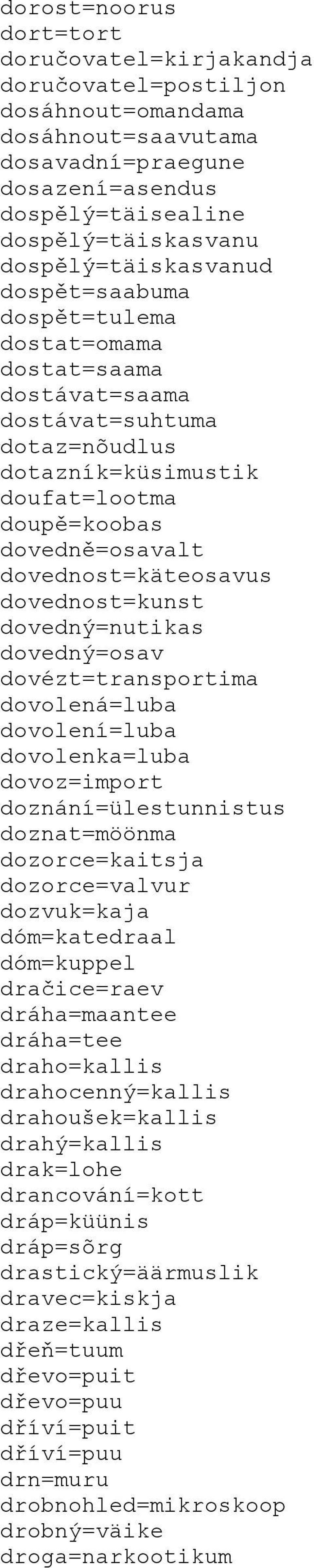 dovednost=käteosavus dovednost=kunst dovedný=nutikas dovedný=osav dovézt=transportima dovolená=luba dovolení=luba dovolenka=luba dovoz=import doznání=ülestunnistus doznat=möönma dozorce=kaitsja