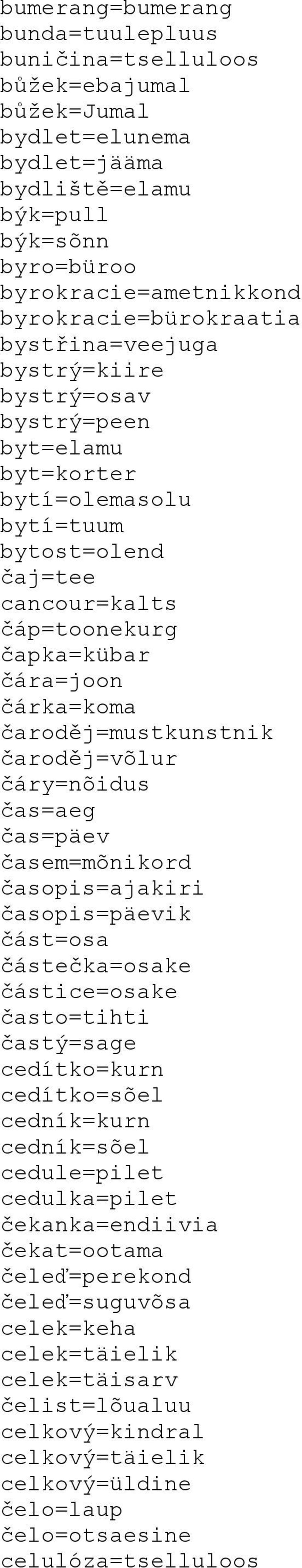 čaroděj=mustkunstnik čaroděj=võlur čáry=nõidus čas=aeg čas=päev časem=mõnikord časopis=ajakiri časopis=päevik část=osa částečka=osake částice=osake často=tihti častý=sage cedítko=kurn cedítko=sõel