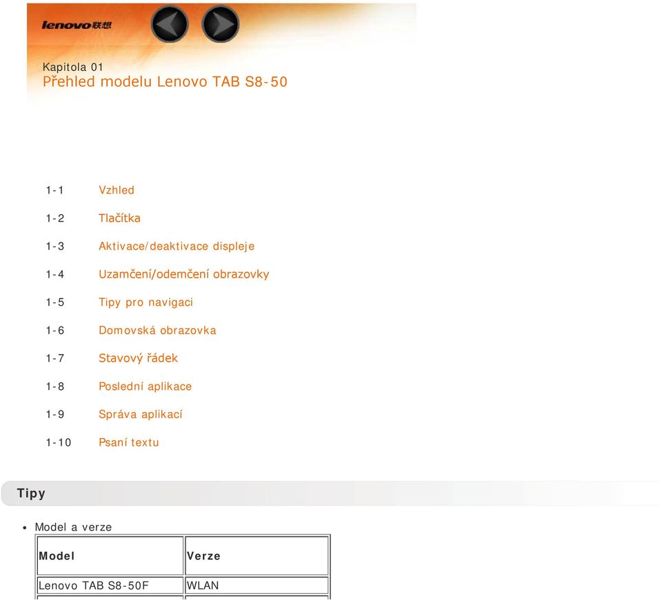 navigaci 1-6 Domovská obrazovka 1-7 Stavový řádek 1-8 Poslední aplikace 1-9