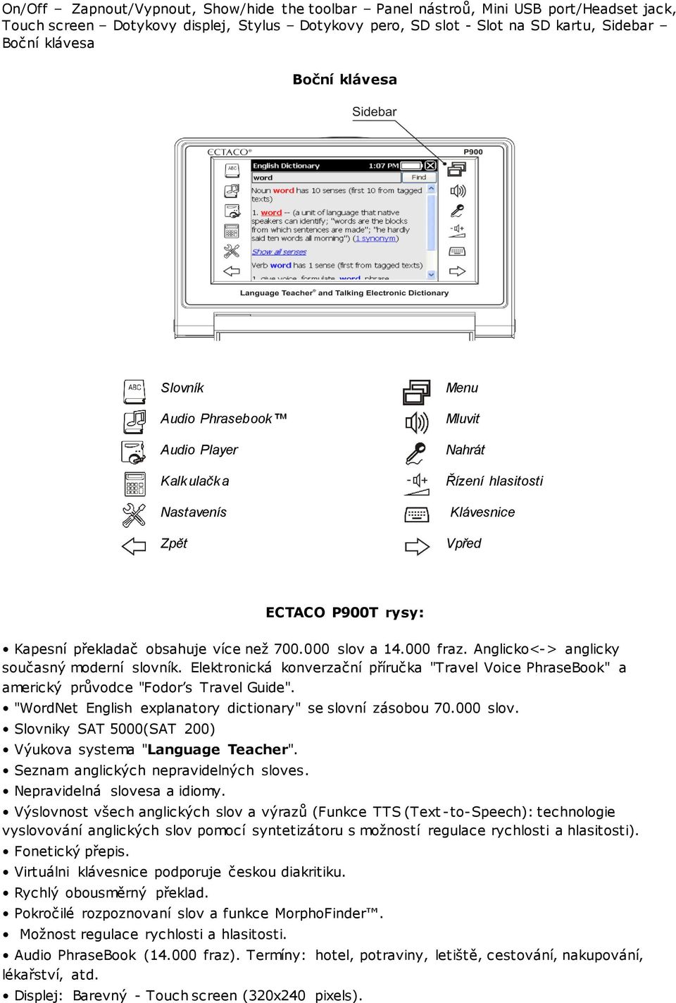 000 slov a 14.000 fraz. Anglicko<-> anglicky současný moderní slovník. Elektronická konverzační příručka "Travel Voice PhraseBook" a americký průvodce "Fodor s Travel Guide".