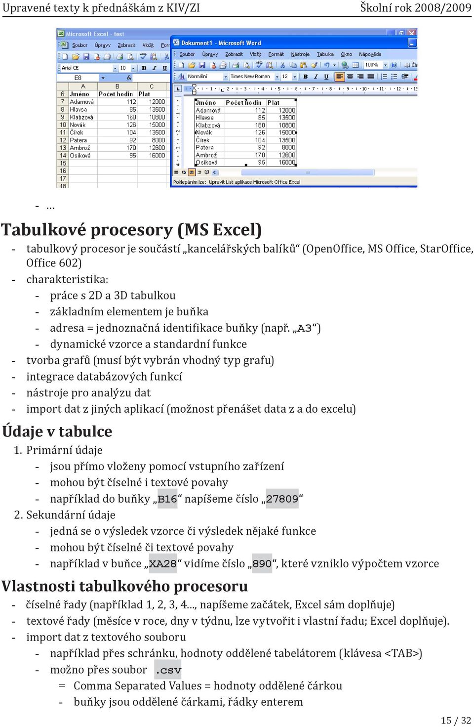 A3 ) dynamické vzorce a standardní funkce tvorba grafů (musí být vybrán vhodný typ grafu) integrace databázových funkcí nástroje pro analýzu dat import dat z jiných aplikací (možnost přenášet data z