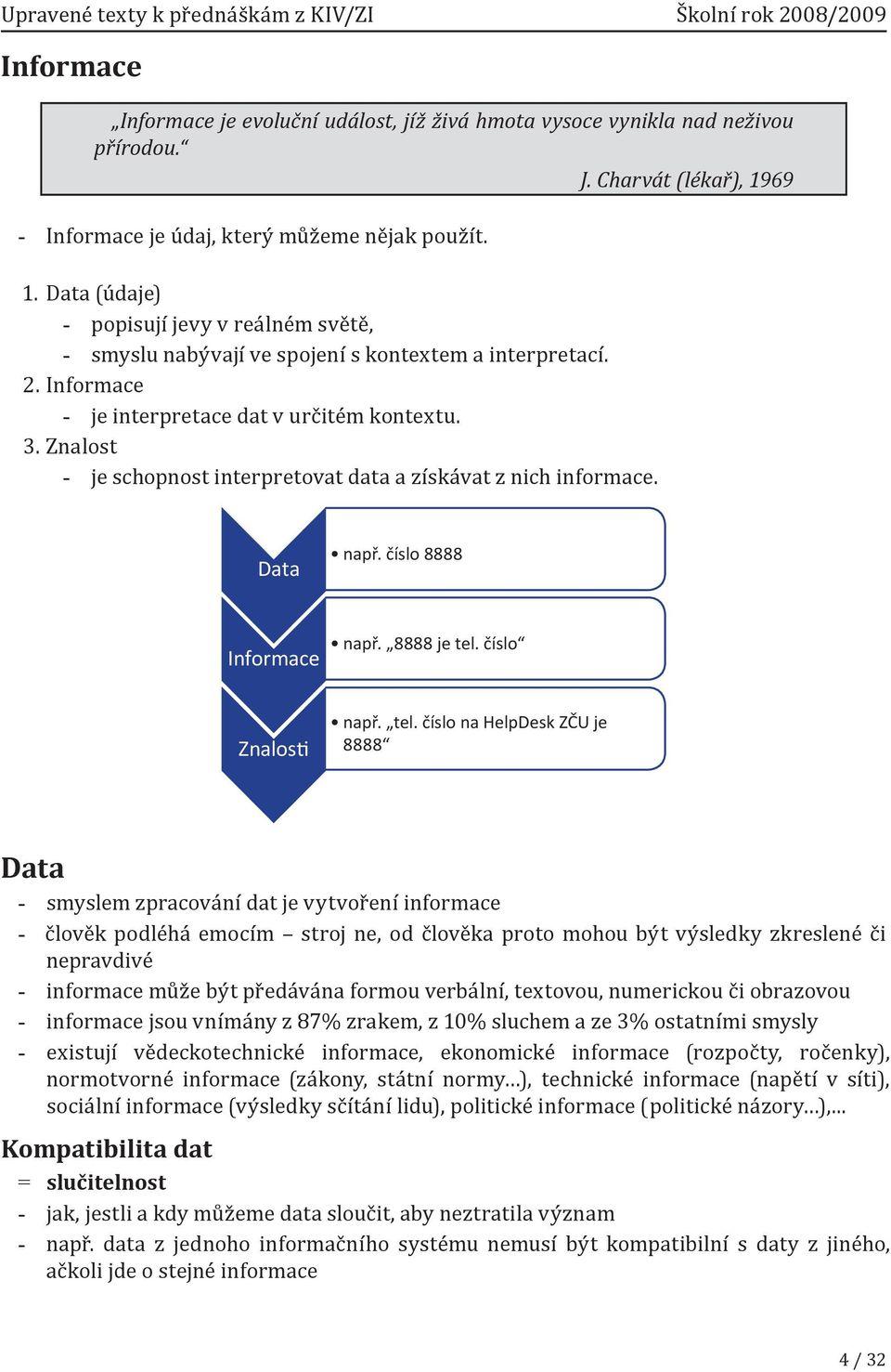 Znalost je schopnost interpretovat data a získávat z nich informace. J. Charvát (lékař), 1969 Data např. číslo 8888 Informace např. 8888 je tel.