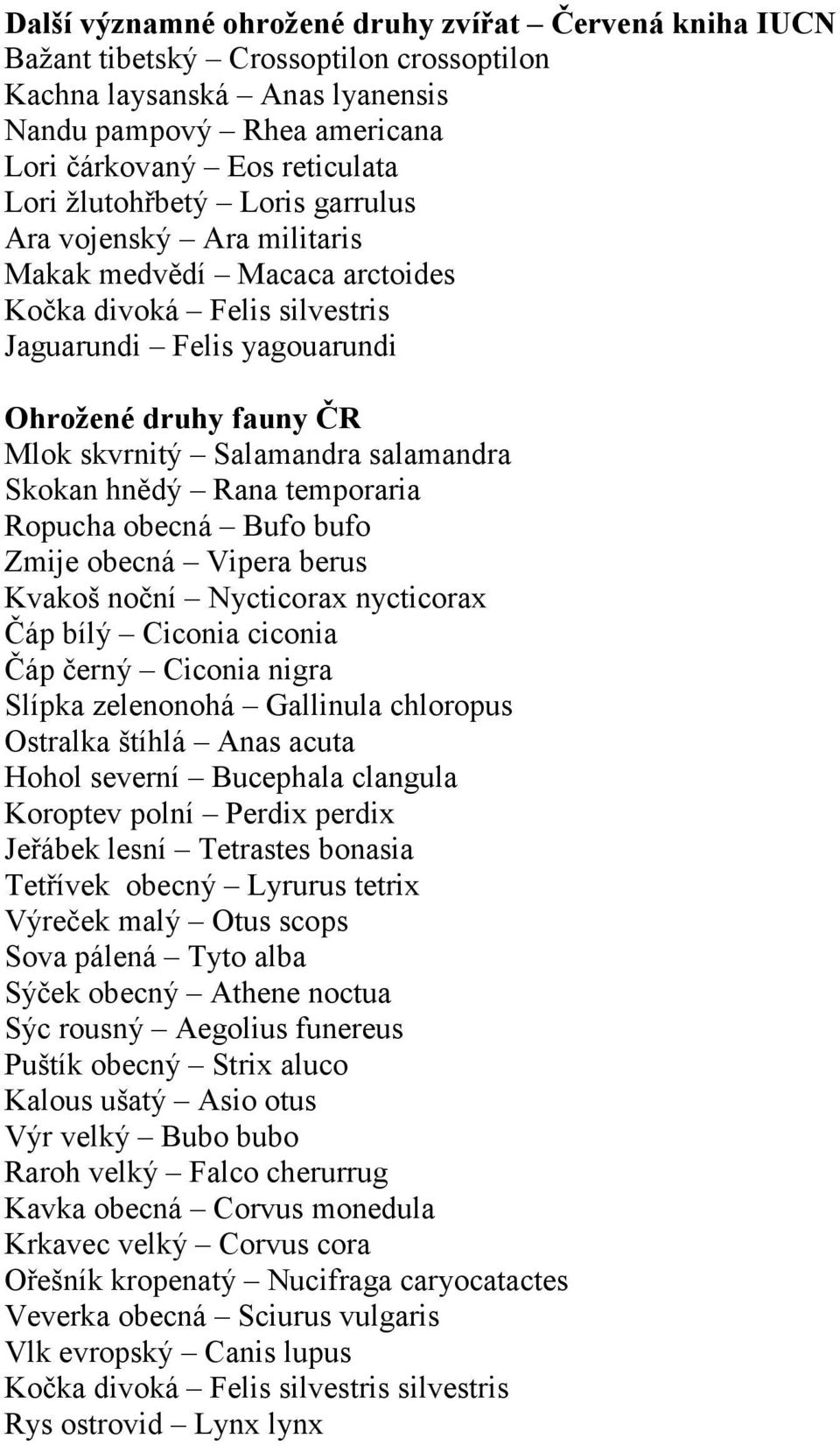 salamandra Skokan hnědý Rana temporaria Ropucha obecná Bufo bufo Zmije obecná Vipera berus Kvakoš noční Nycticorax nycticorax Čáp bílý Ciconia ciconia Čáp černý Ciconia nigra Slípka zelenonohá