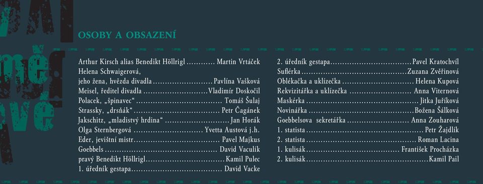 .. David Vaculík pravý Benedikt Höllrigl...Kamil Pulec 1. úředník gestapa... David Vacke 2. úředník gestapa...pavel Kratochvíl Sufl érka...zuzana Zvěřinová Oblékačka a uklízečka.