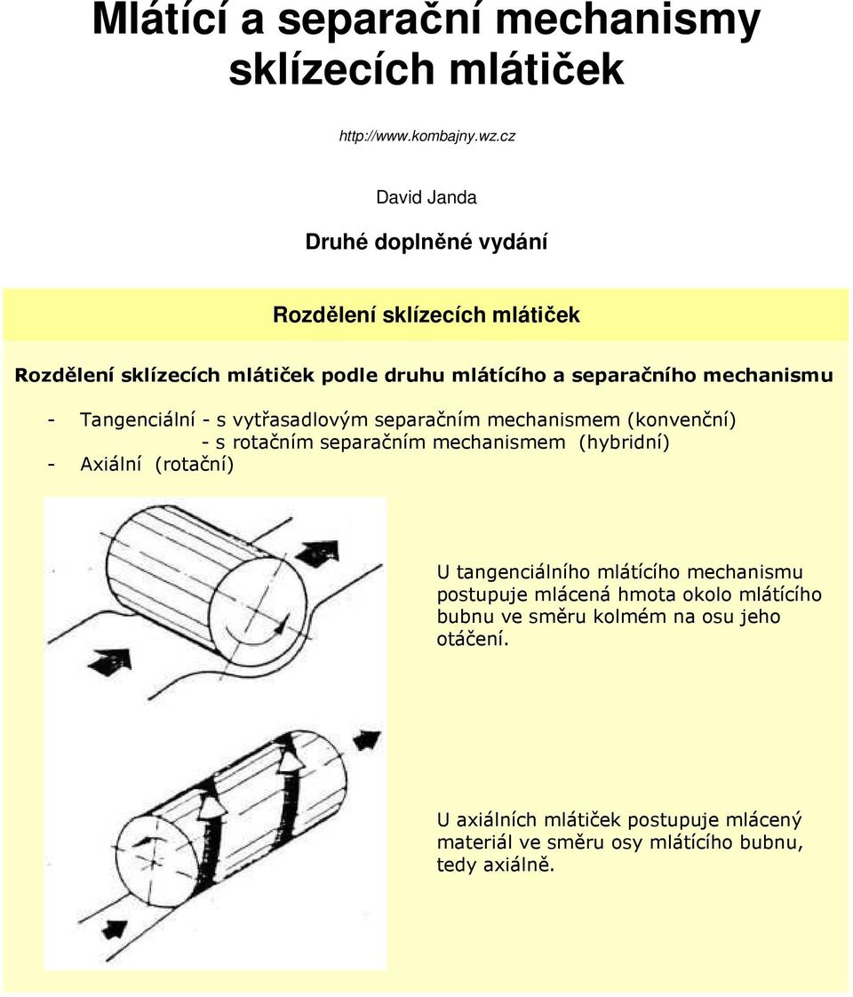 mechanismu - Tangenciální - s vytřasadlovým separačním mechanismem (konvenční) - s rotačním separačním mechanismem (hybridní) - Axiální