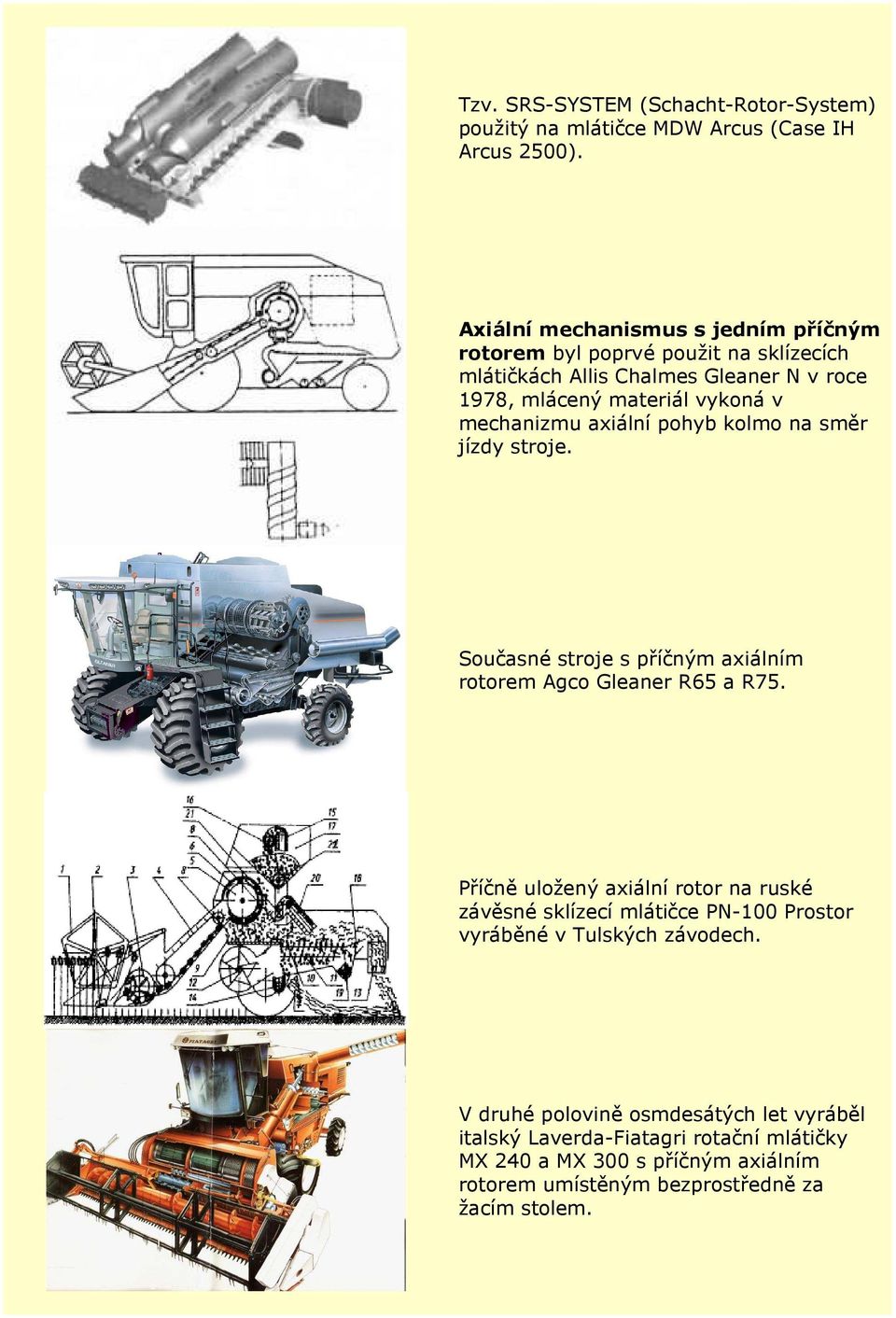 mechanizmu axiální pohyb kolmo na směr jízdy stroje. Současné stroje s příčným axiálním rotorem Agco Gleaner R65 a R75.