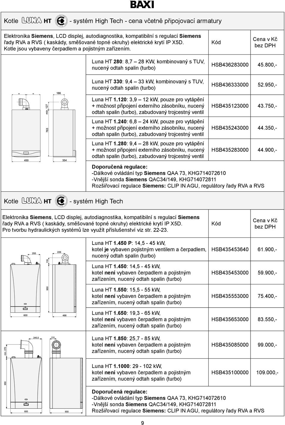 Luna HT 280: 8,7 28 KW, kombinovaný s TUV, nucený odtah spalin (turbo) Luna HT 330: 9,4 33 kw, kombinovaný s TUV, nucený odtah spalin (turbo) Luna HT 1.