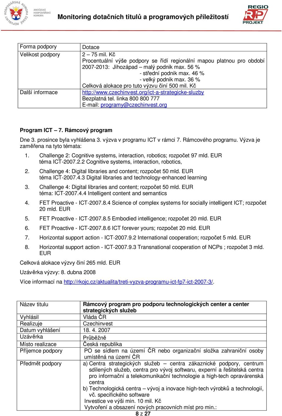 org Program ICT 7. Rámcový program Dne 3. prosince byla vyhlášena 3. výzva v programu ICT v rámci 7. Rámcového programu. Výzva je zamena na tyto témata: 1.