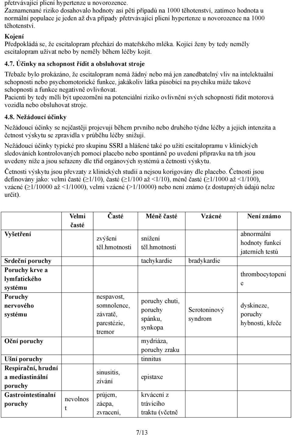 těhotenství. Kojení Předpokládá se, že escitalopram přechází do mateřského mléka. Kojící ženy by tedy neměly escitalopram užívat nebo by neměly během léčby kojit. 4.7.