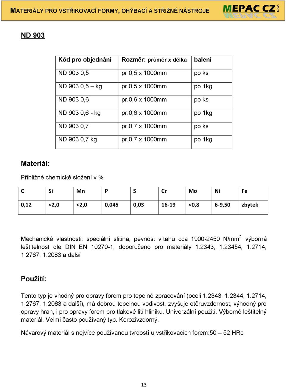 0,7 x 1000mm po 1kg Materiál: C Si Mn P S Cr Mo Ni Fe 0,12 <2,0 <2,0 0,045 0,03 16-19 <0,8 6-9,50 zbytek Mechanické vlastnosti: speciální slitina, pevnost v tahu cca 1900-2450 N/mm 2, výborná