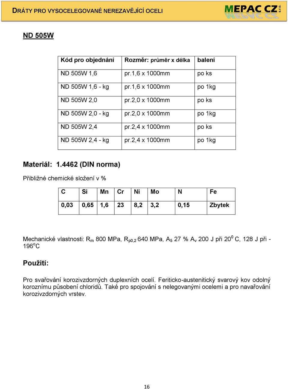 4462 (DIN norma) C Si Mn Cr Ni Mo N Fe 0,03 0,65 1,6 23 8,2 3,2 0,15 Zbytek Mechanické vlastnosti: R m 800 MPa, R p0,2 640 MPa, A 5 27 % A v 200 J při 20 0 C, 128 J