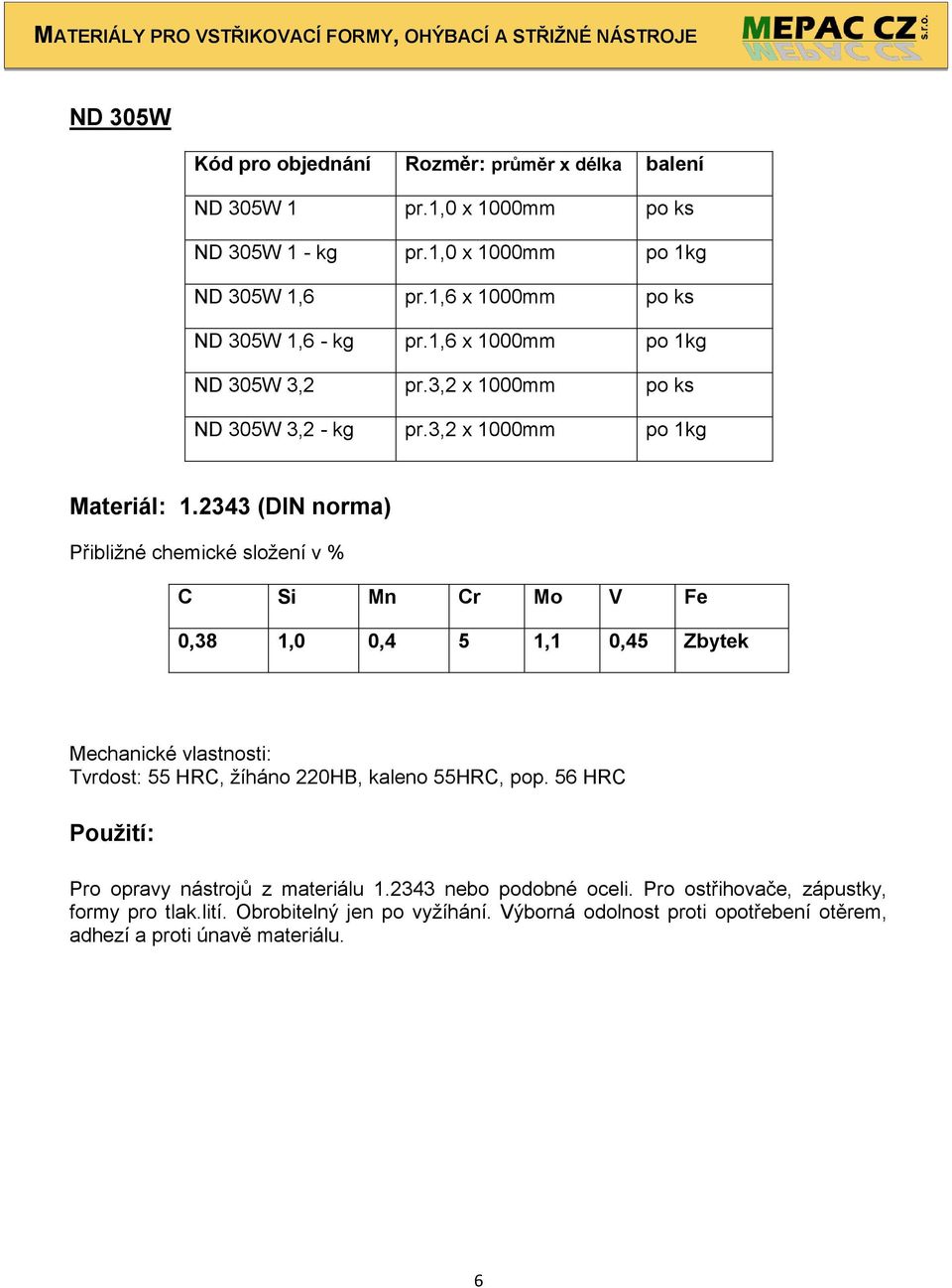 2343 (DIN norma) C Si Mn Cr Mo V Fe 0,38 1,0 0,4 5 1,1 0,45 Zbytek Mechanické vlastnosti: Tvrdost: 55 HRC, žíháno 220HB, kaleno 55HRC, pop.