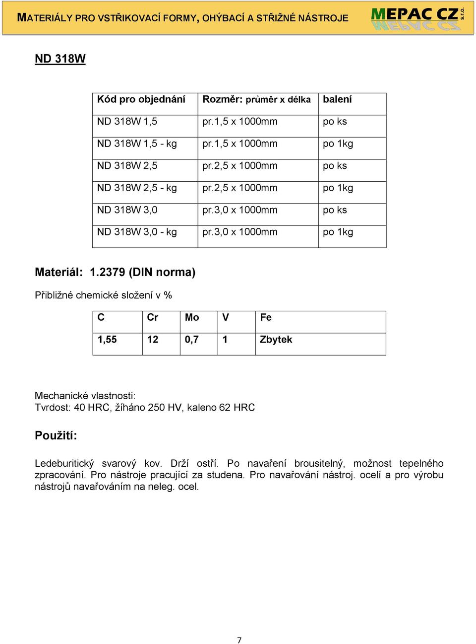 2379 (DIN norma) C Cr Mo V Fe 1,55 12 0,7 1 Zbytek Mechanické vlastnosti: Tvrdost: 40 HRC, žíháno 250 HV, kaleno 62 HRC Ledeburitický svarový kov. Drží ostří.