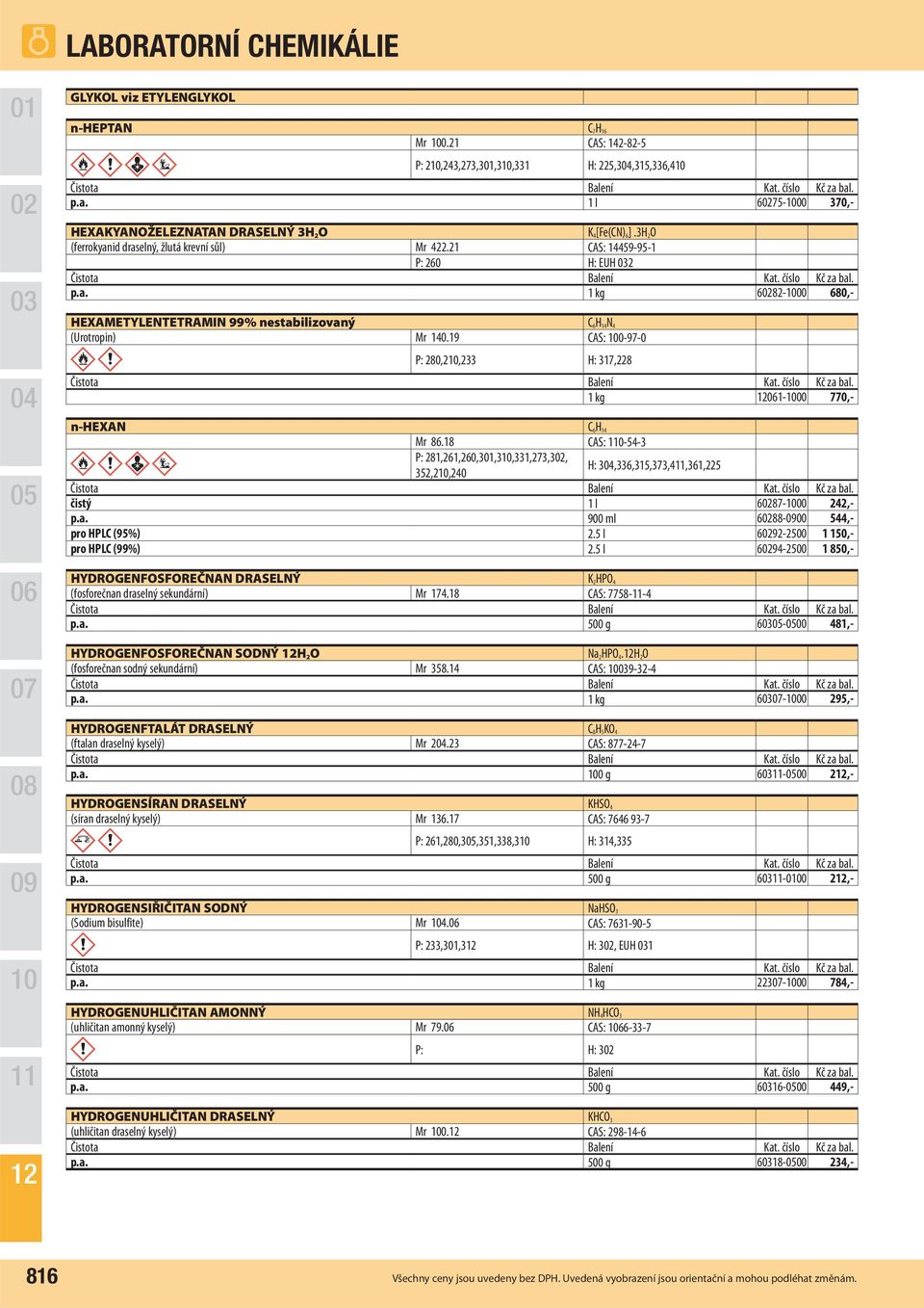 19 CAS: 0-97-0 P: 280,2,233 H: 317,228 1 kg 1-00 770,- n-hexan C 6H 14 Mr 86.18 CAS: 0-54-3 P: 281,261,260,3,3,331,273,3, 352,2,240 H: 3,336,315,373,4,361,225 čistý 1 l 687-00 242,- p.a. 900 ml 688-00 544,- pro HPLC (95%) 2.
