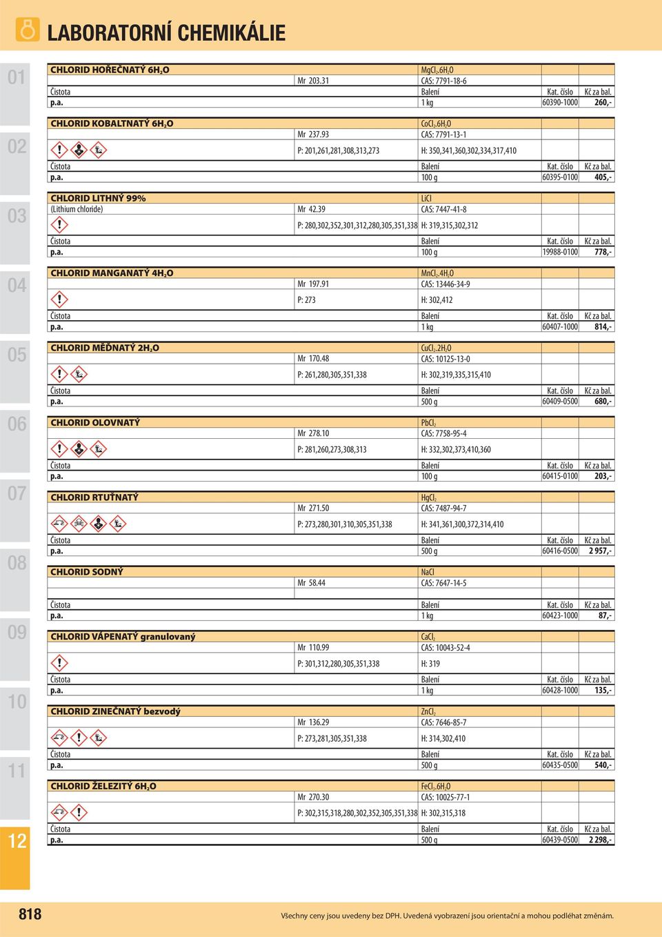 2H 2O Mr 170.48 CAS: 5-13-0 P: 261,280,3,351,338 H: 3,319,335,315,4 p.a. 500 g 6-00 680,- CHLORID OLOVNATÝ PbCl 2 Mr 278. CAS: 7758-95-4 P: 281,260,273,3,313 H: 332,3,373,4,360 p.a. 0 g 615-00 2,- CHLORID RTUŤNATÝ HgCl 2 Mr 271.
