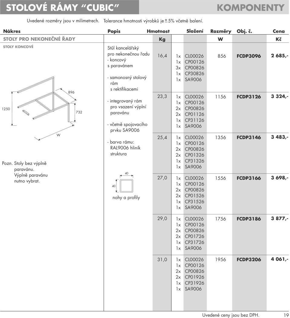 rámu: RAL9006 nohy a Hmotnost 3,3 5,4 Složení Rozměry W 6,4 x CL0006 x CP006 3x CP0086 x CP3086 x SA9006 856 FCDP3096 685,- x CL0006 x CP006 x CP0086 x CP06 x CP36 x SA9006 x CL0006 x CP006 x CP0086