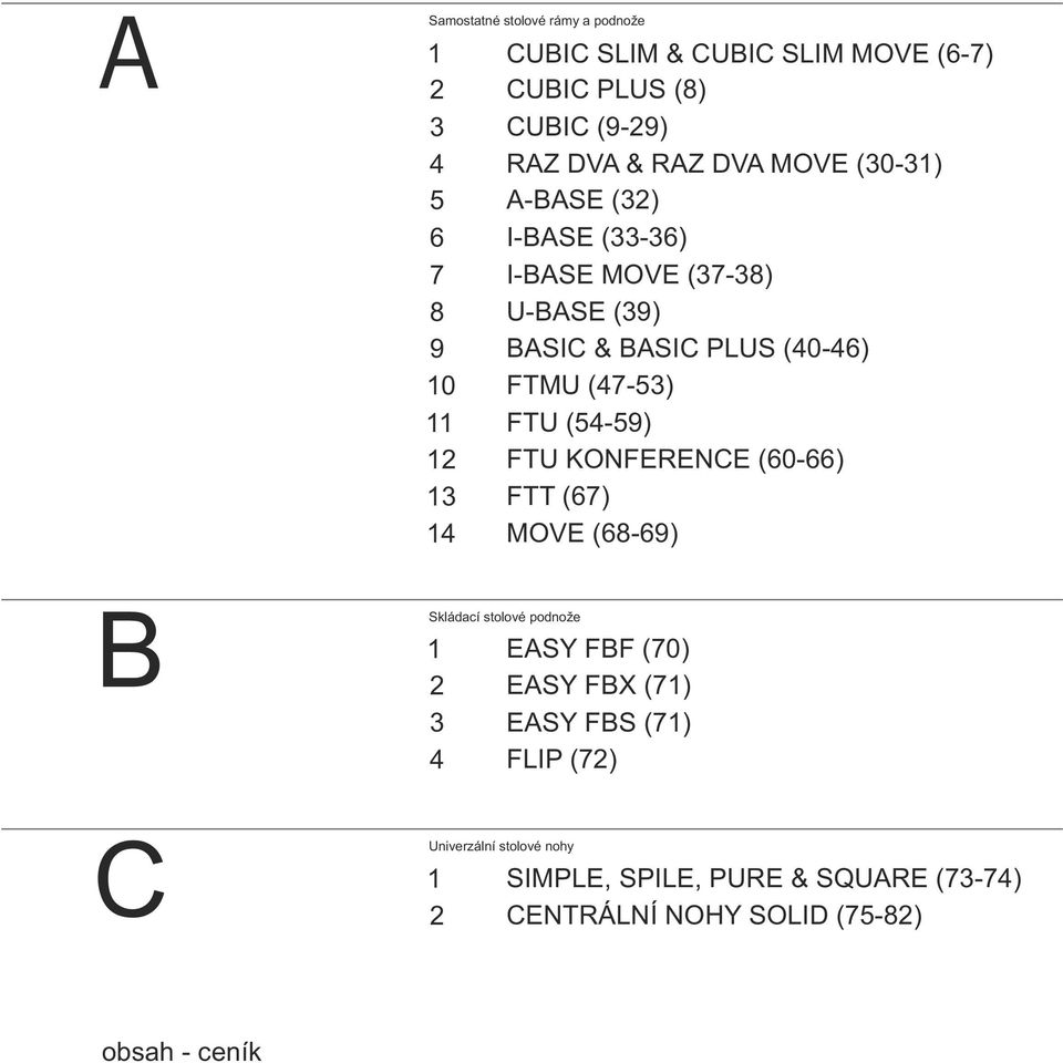 (47-53) FTU (54-59) FTU KONFERENCE (60-66) 3 FTT (67) 4 MOVE (68-69) Skládací stolové podnože EASY FBF (70) EASY FBX (7)