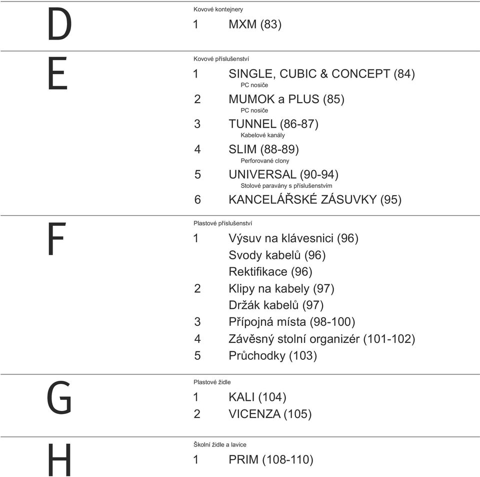 (95) F G Plastové příslušenství Výsuv na klávesnici (96) Svody kabelů (96) Rektifikace (96) Klipy na kabely (97) Držák kabelů (97) 3