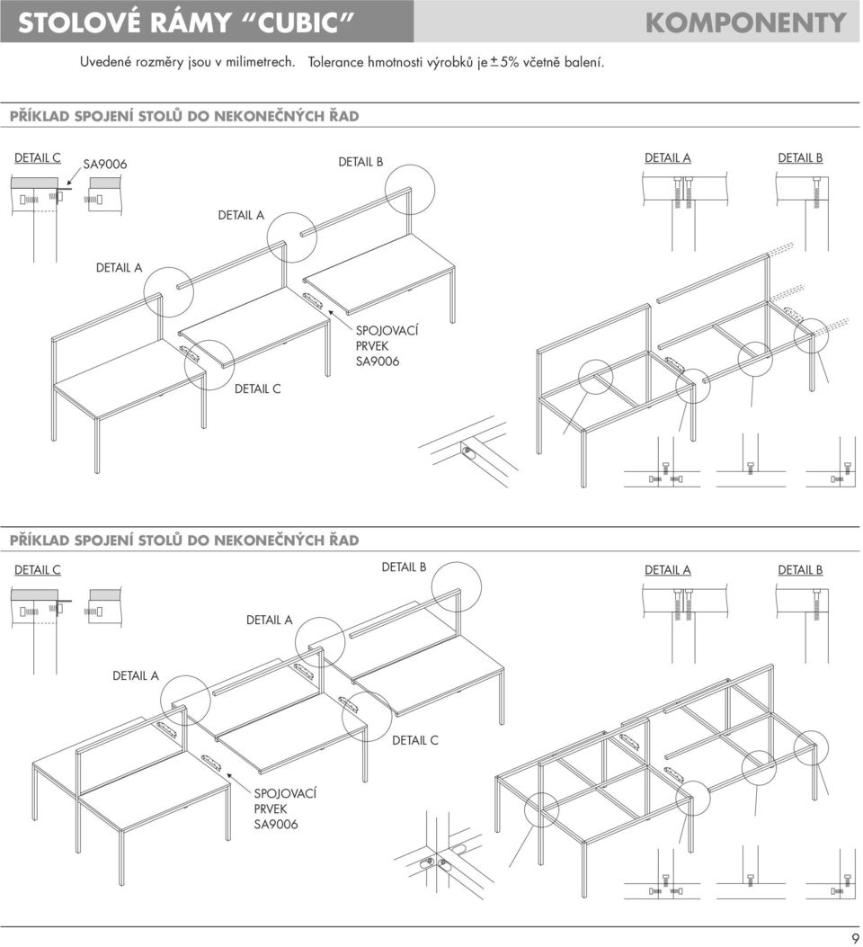 B DETAIL A DETAIL A SPOJOVACÍ PRVEK SA9006 DETAIL C PŘÍKLAD SPOJENÍ STOLŮ DO