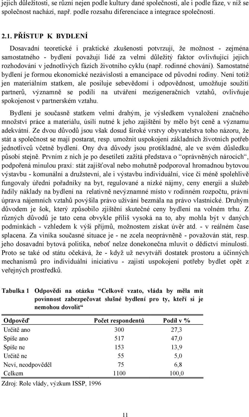 jednotlivých fázích životního cyklu (např. rodinné chování). Samostatné bydlení je formou ekonomické nezávislosti a emancipace od původní rodiny.