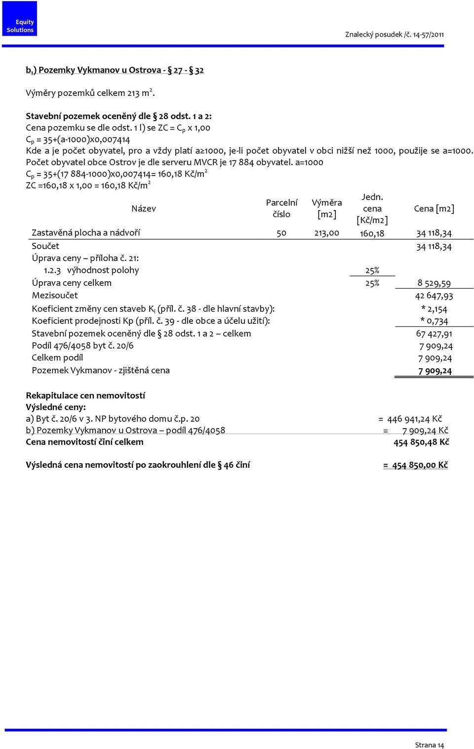 Počet obyvatel obce Ostrov je dle serveru MVCR je 17 884 obyvatel. a=1000 C p = 35+(17 884-1000)x0,007414= 160,18 Kč/m 2 ZC =160,18 x 1,00 = 160,18 Kč/m 2 Název Parcelní číslo Výměra [m2] Jedn.