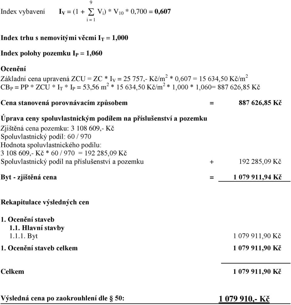 spoluvlastnickým podílem na příslušenství a pozemku Zjištěná cena pozemku: 3 108 609,- Kč Spoluvlastnický podíl: 60 / 970 Hodnota spoluvlastnického podílu: 3 108 609,- Kč * 60 / 970 = 192 285,09 Kč