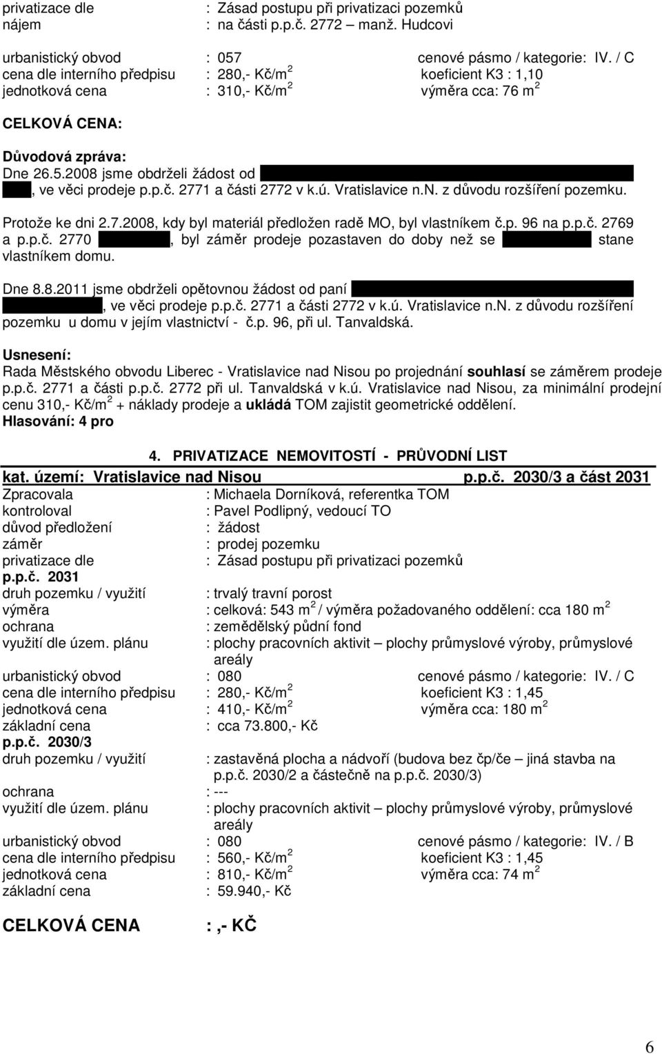 2008 jsme obdrželi žádost od paní Martiny Hrabové, bytem Vnější 1392, 463 11 Liberec XXX, ve věci prodeje p.p.č. 2771 a části 2772 v k.ú. Vratislavice n.n. z důvodu rozšíření pozemku.