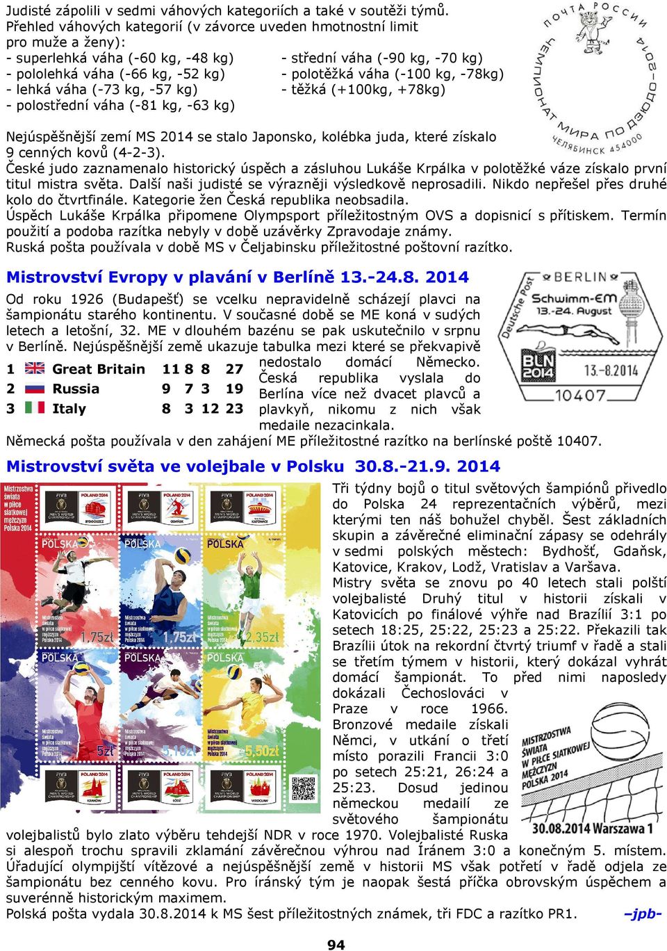 (-100 kg, -78kg) - lehká váha (-73 kg, -57 kg) - těžká (+100kg, +78kg) - polostřední váha (-81 kg, -63 kg) Nejúspěšnější zemí MS 2014 se stalo Japonsko, kolébka juda, které získalo 9 cenných kovů