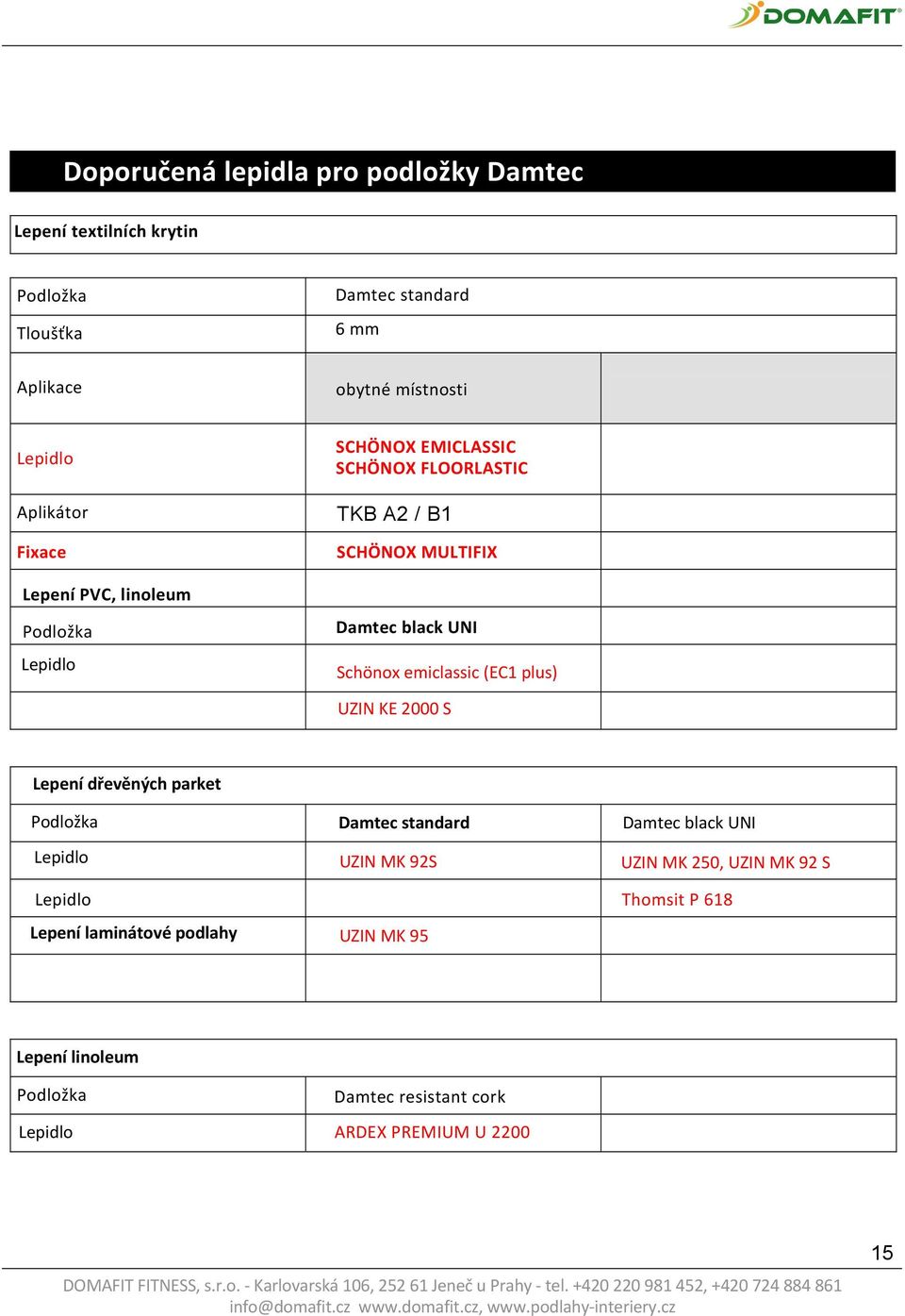 Damtec standard UZIN MK 92S Damtec black UNI UZIN MK 250, UZIN MK 92 S Lepidlo Thomsit P 618 Lepení laminátové podlahy UZIN MK 95 Lepení linoleum Podložka Damtec resistant cork