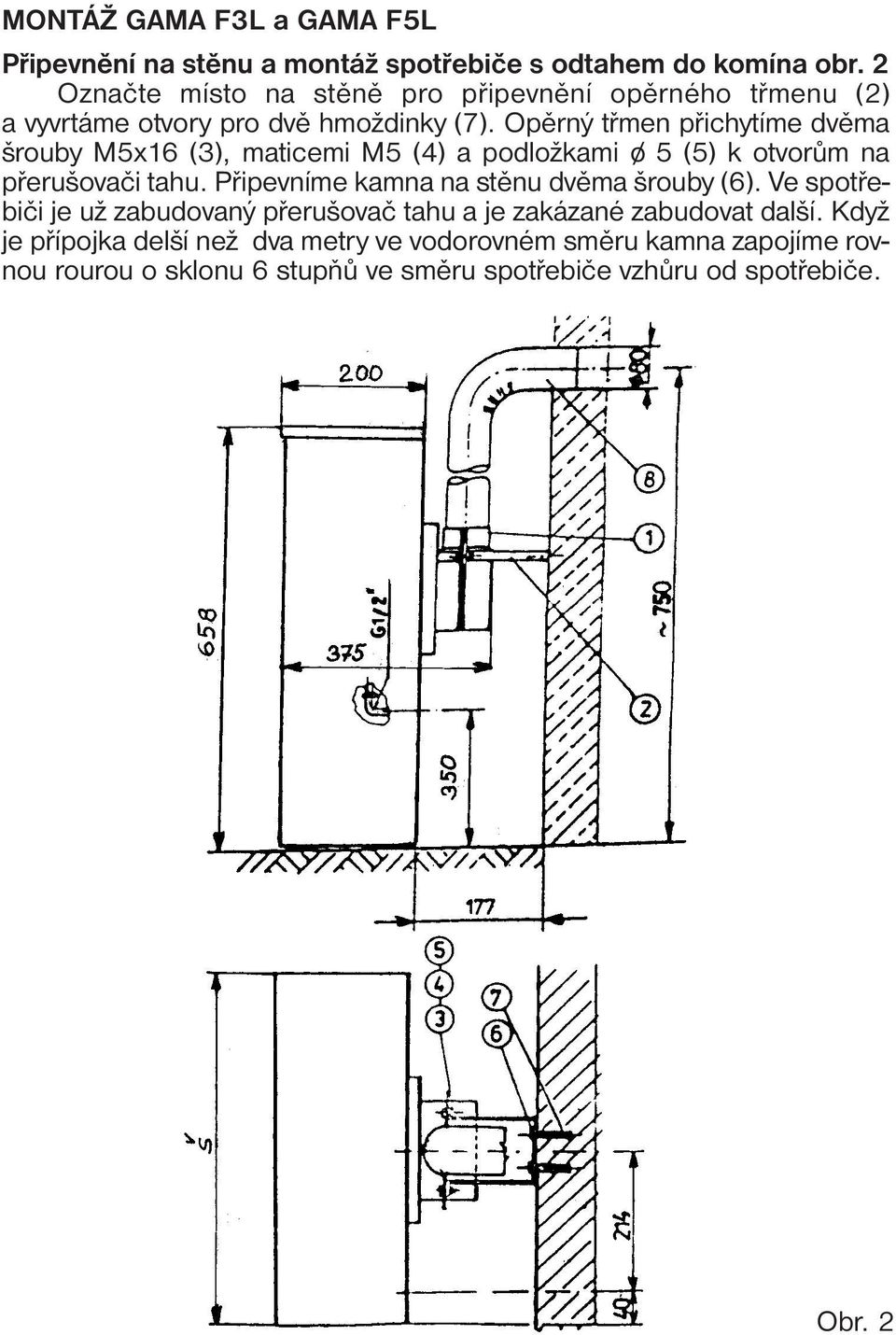 Opěrný třmen přichytíme dvěma šrouby M5x16 (3), maticemi M5 (4) a podložkami o/ 5 (5) k otvorům na přerušovači tahu.