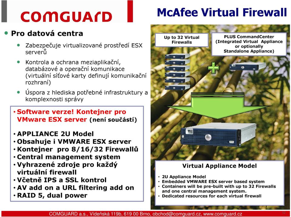 Kontejner pro VMware ESX server (není součástí) Up to 32 Virtual Firewalls PLUS CommandCenter (Integrated Virtual Appliance or optionally Standalone Appliance) APPLIANCE 2U Model Obsahuje i VMWARE