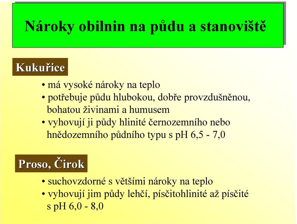 černozemního nebo hnědozemního půdního typu s ph 6,5-7,0 Proso, Čirok suchovzdorné s