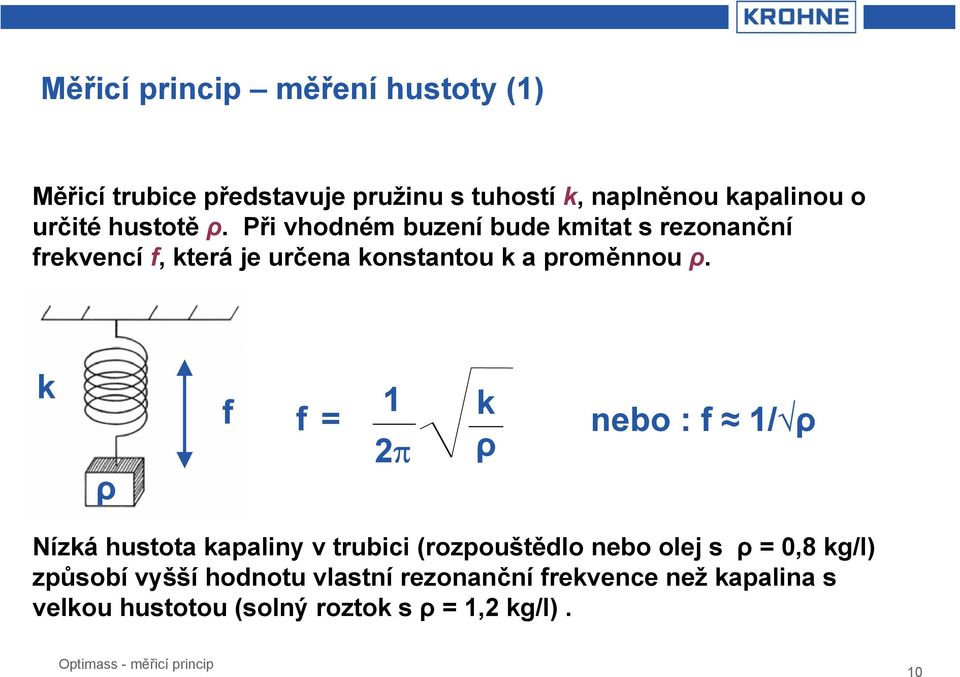 k ρ f f= 1 k 2π ρ nebo : f 1/ ρ Nízká hustota kapaliny v trubici (rozpouštědlo nebo olej s ρ = 0,8 kg/l)