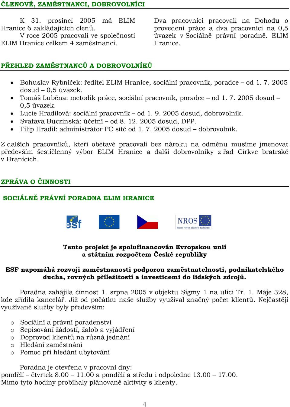 PŘEHLED ZAMĚSTNANCŮ A DOBROVOLNÍKŮ Bohuslav Rybníček: ředitel Hranice, sociální pracovník, poradce od 1. 7. 2005 dosud 0,5 úvazek. Tomáš Luběna: metodik práce, sociální pracovník, poradce od 1. 7. 2005 dosud 0,5 úvazek. Lucie Hradilová: sociální pracovník od 1.