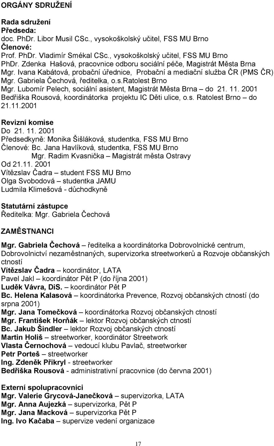 Lubomír Pelech, sociální asistent, Magistrát Města Brna do 21. 11. 2001 Bedřiška Rousová, koordinátorka projektu IC Děti ulice, o.s. Ratolest Brno do 21.11.2001 Revizní komise Do 21. 11. 2001 Předsedkyně: Monika Šišláková, studentka, FSS MU Brno Členové: Bc.