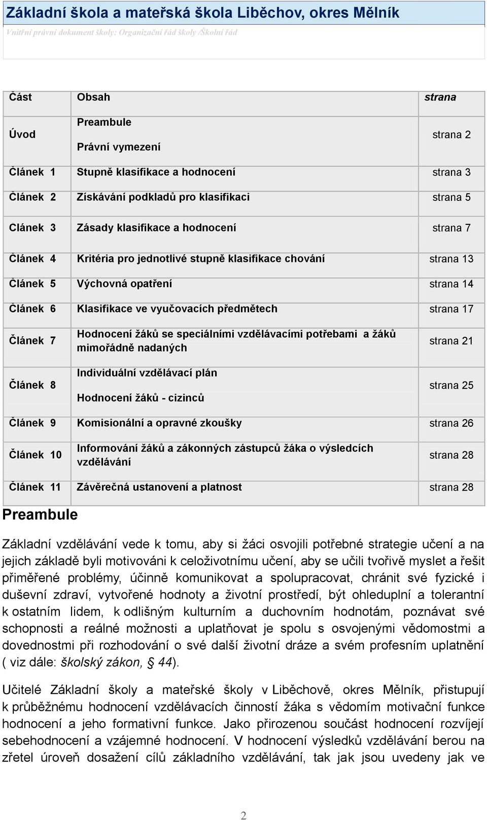 Hodnocení ţáků se speciálními vzdělávacími potřebami a ţáků mimořádně nadaných Individuální vzdělávací plán Hodnocení ţáků - cizinců strana 21 strana 25 Článek 9 Komisionální a opravné zkoušky strana