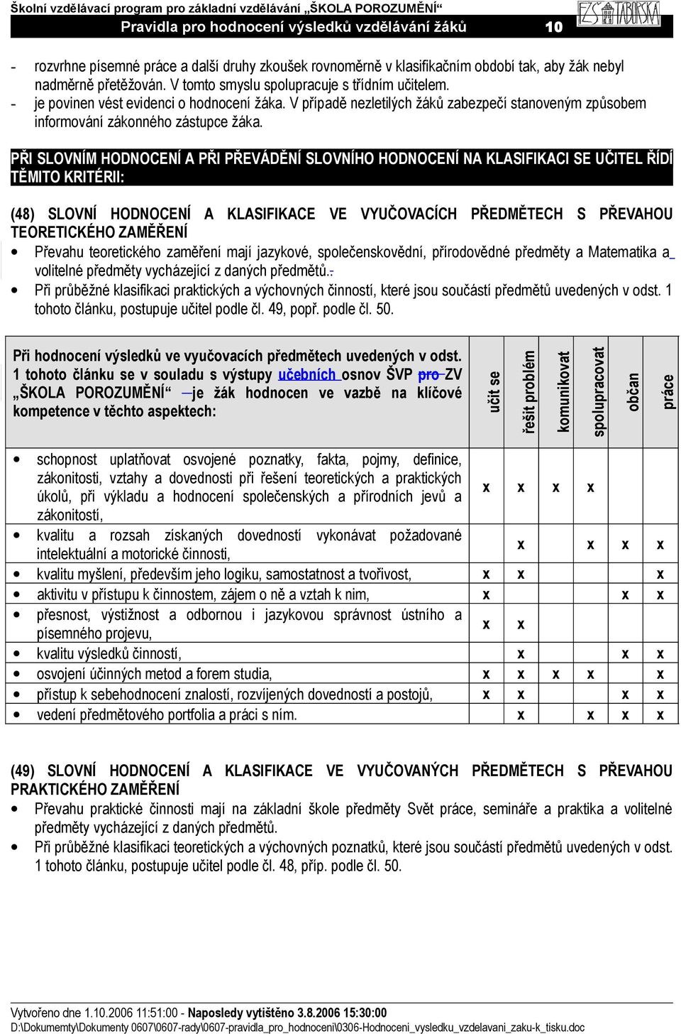 PŘI SLOVNÍM HODNOCENÍ A PŘI PŘEVÁDĚNÍ SLOVNÍHO HODNOCENÍ NA KLASIFIKACI SE UČITEL ŘÍDÍ TĚMITO KRITÉRII: (48) SLOVNÍ HODNOCENÍ A KLASIFIKACE VE VYUČOVACÍCH PŘEDMĚTECH S PŘEVAHOU TEORETICKÉHO ZAMĚŘENÍ